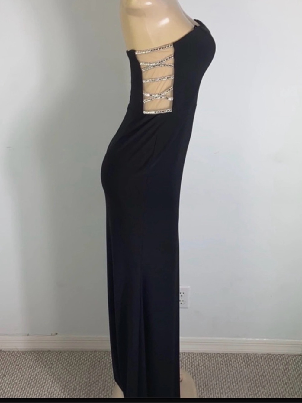 Macy's Black Sleeveless Maxi Dress with Rhinestone Lattice Side